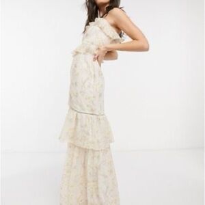 Tiered Cream Floral Maxi Dress with Ruffle Details